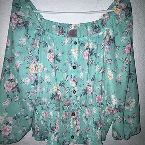 No Boundaries Mint Floral Off-Shoulder Button Front Top